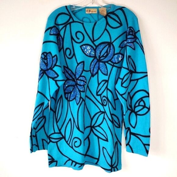 Vintage CD Collection Med. Lambswool Sweater Turquoise Sequined Design - Picture 1 of 5